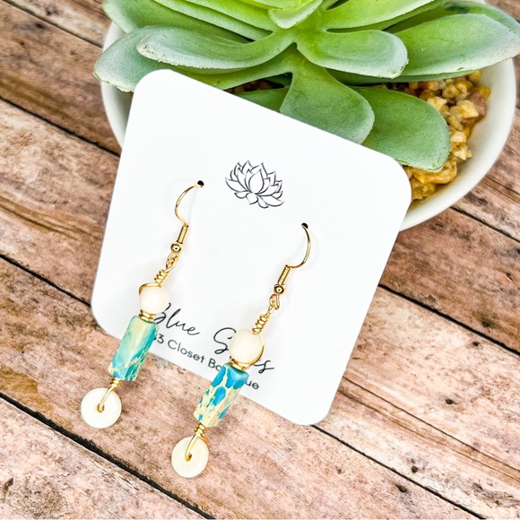 Jewelry - Aqua Imperial Jasper And Natural Wood Drop Earrings